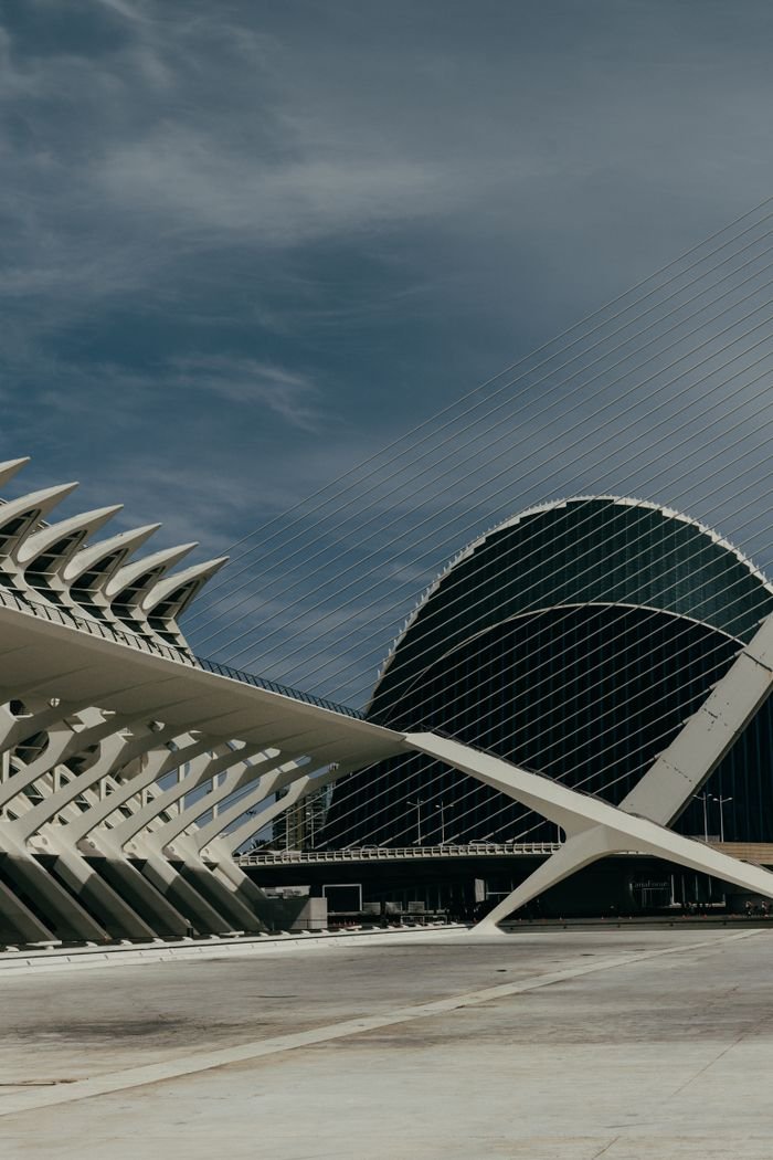 Services Iconic modern architecture in Valencia at the City of Arts and Sciences with clear sky backdrop.